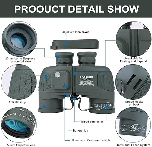 10x50 Binocolo Marino per Adulti, Binocoli Militare Impermeabile con Bussola Telemetro BAK4 Prisma Lente FMC Antiappannamento per la Navigazione Birdwatching Caccia (LP02G) - Fashionser
