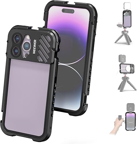 NEEWER Gabbia Cellulare per iPhone 14 Pro Max, Stabilizzatore per Telefono Smartphone Rig Video in Lega di Alluminio con 2 Scarpette Fredde e Filettature 10x1/4', PA006 - Fashionser