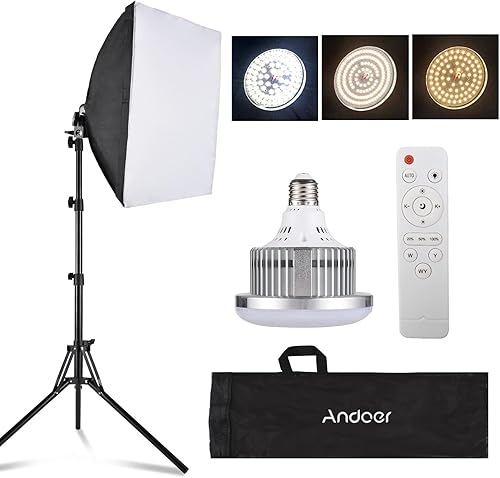 Andoer Kit di Illuminazione Softbox per Fotografia in Studio, Inclusa Luce LED Bicolore da 85 W + Softbox 40x40 cm + Supporto Luce da 1,7 m + Telecomando + 1 * Custodia per Trasporto - Fashionser