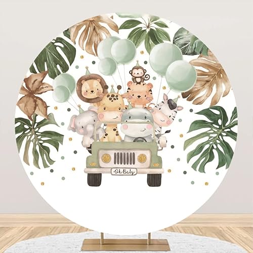 Renaiss 2.2m Jungle Safari Animali Sfondo rotondo Auto verde palloncini foglie Baby Shower sfondo fotografico Decorazione per feste di compleanno per bambini Poliestere foto studio oggetti di scena - Fashionser
