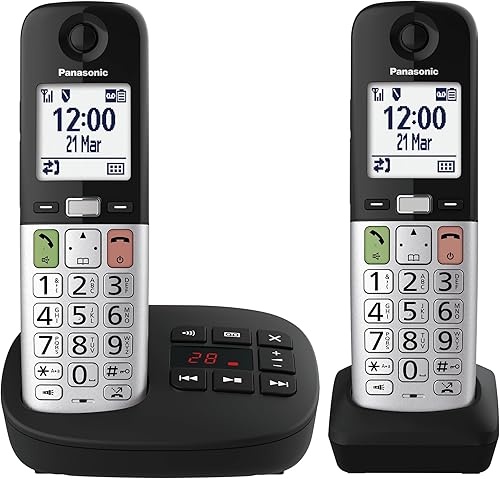 Panasonic KX-TGU432EXB Telefono senza fili digitale con segreteria telefonica, volume amplificato, unità base e 2 auricolari, display LCD, torcia elettrica, compatibile con apparecchi acustici, nero e - Fashionser