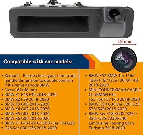 Ftradios Telecamera Per Retromarcia Impermeabile 170 Grandangolo HD Immagine A Colori Per BMW X1 F48 F49 X3 G08 X4 G02 X5 G05 X6 G06 3er 318i/320i /325i /328i /335i /330i/340i 2018-2020 - Fashionser