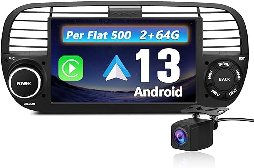 Autoradio per Fiat 500 (2007-2015) Android 13 Car Radio (2+64GB) con CarPlay Android Auto GPS BT Comandi al Volante FM RDS + Fotocamera Posteriore (Nero) - Fashionser