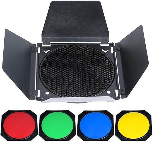 Yunchenghe BD-04 Barn Door Tordoor con griglia a nido d'ape e 4 filtri gel colorati (rosso giallo blu verde) per 7'riflettore standard - Fashionser