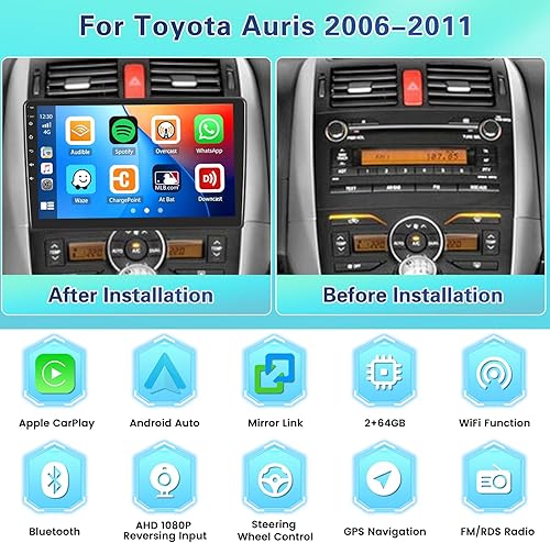 [2+64G] Android 13 Autoradio per Toyota Auris 2006-2011 con Wireless Carplay Android Auto, 9 Pollici Schermo Stereo con Bluetooth/WiFi/GPS/Telecamera Posteriore/FM/RDS/EQ/SWC - Fashionser