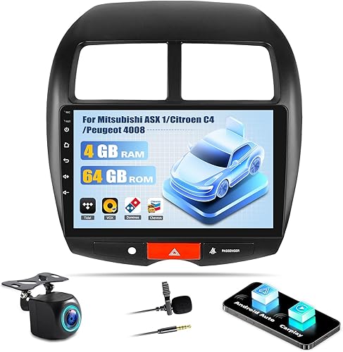 4G+64G Carplay Autoradio per Mitsubishi ASX 1/Citroen C4/Peugeot 4008,Stereo Bluetooth con 10.1 Pollici Touchcreen Android Auto GPS WiFi FM/RDS HiFi Mirror Link+Telecamera - Fashionser