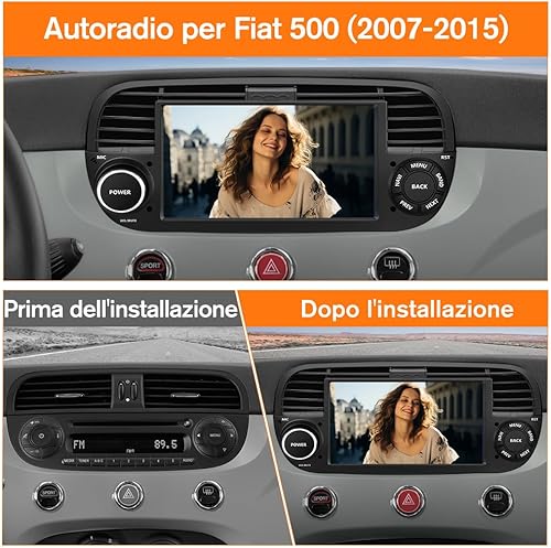 Autoradio per Fiat 500 (2007-2015) Android 13 Car Radio (2+64GB) con CarPlay Android Auto GPS BT Comandi al Volante FM RDS + Fotocamera Posteriore (Nero) - Fashionser