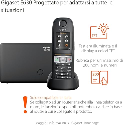 Gigaset E630 - Telefono Cordless, Resistente ad Urti, Spruzzi e Polvere, Vibrazione, funzione torcia, Nero [Versione Italiana] - Fashionser