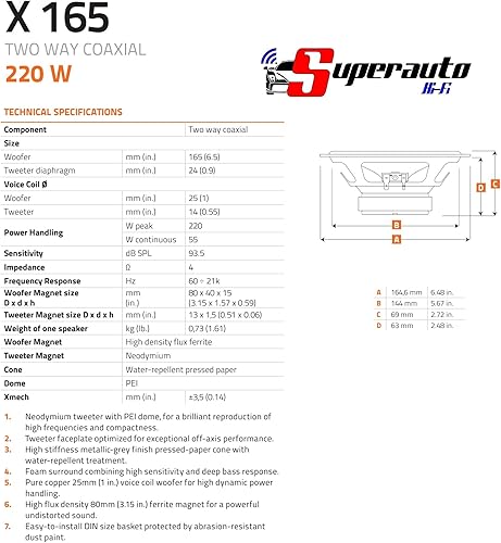 Hertz LINEA UNO Altoparlanti coassiali da 165 mm X165 (220 W) + supporti casse MINI Anteriore 165 cm - Fashionser