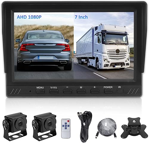 KAOLALI Telecamera di Retromarcia con Monitor da 7 Pollici, Kit Retrocamera Auto con 2 Telecamere per Auto, Supporto AHD 1080 HD Visione Notturna per Caravan/Camion ecc(12V-24V) - Fashionser