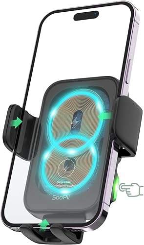 SooPii Caricabatteria da auto wireless a doppia bobina, supporto da auto per ricarica wireless con allineamento rapido e intelligente da 15 W per lPhone15 Galaxy Z Fold4/Flip4/S23 - Fashionser