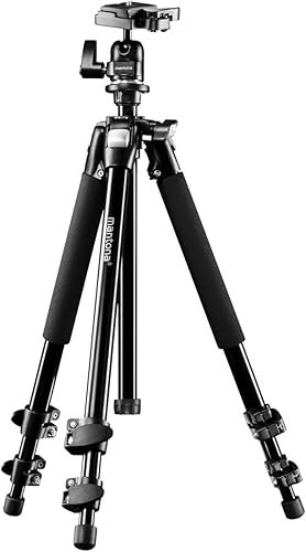 Mantona Basic Scout Fotostativ, Kamerastativ bis 144cm, inkl. robuster Kugelkopf, Wasserwaage, umkehrbare Mittelsäule, ideal für Reisen und Outdoor Fotografie für DSLR Kamera, kompakt leichtes Stativ, 17990, Arbeitshöhe: 142 cm - Fashionser