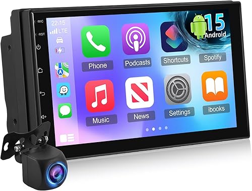 NHOPEEW Autoradio 2 DIN 4+64G con sistema Android 15 - Radio da 7 pollici con CarPlay e Android Auto wireless, supporto WiFi, GPS, Mirror Link, comandi al volante + telecamera posteriore - Fashionser