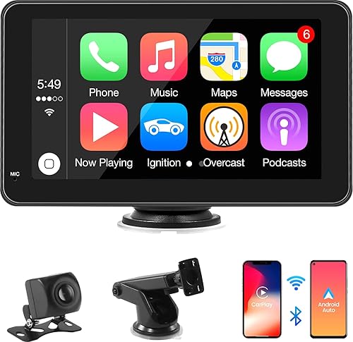 CarPlay e Android Auto Senza Fili, Display CarPlay Portatile da 7 Pollici con Telecamera Posteriore da 720P, Supporta Bluetooth, Airplay/Mirror Link, Siri/Google Voice Control, GPS, FM, AUX - Fashionser
