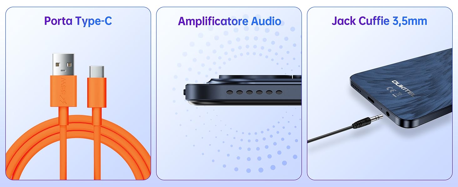 Immagine a tre pannelli che mostra gli accessori per smartphone: cavo USB-C arancione, amplificatore audio nero con pulsanti e jack per cuffie da 3,5 mm collegato