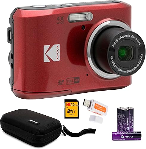 Kodak PIXPRO FZ45 - Fotocamera digitale con zoom amichevole (rosso) con scheda di memoria da 32 GB, organizer da viaggio e custodia, batterie alcaline e lettore SD (5 articoli) - Fashionser