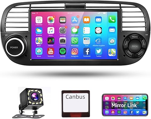 Podofo Autoradio 2 Din Bluetooth per FIAT 500 2007-2015 Wireless Mirror link iOS/Android, WiFi, 1G+32G, Android Radio 2 din con touchscreen GPS Navi HiFi/RDS/FM DSP+12 LED telecamera di retromarcia - Fashionser