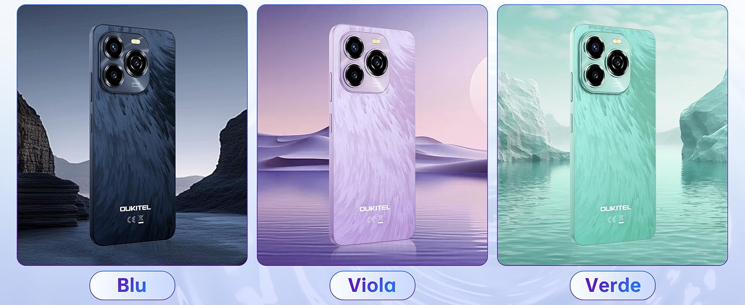 Tre smartphone con configurazioni a tripla fotocamera, mostrati nei colori blu, viola e verde. Ogni telefono viene visualizzato su uno sfondo scenico corrispondente, che ne enfatizza il colore e la consistenza