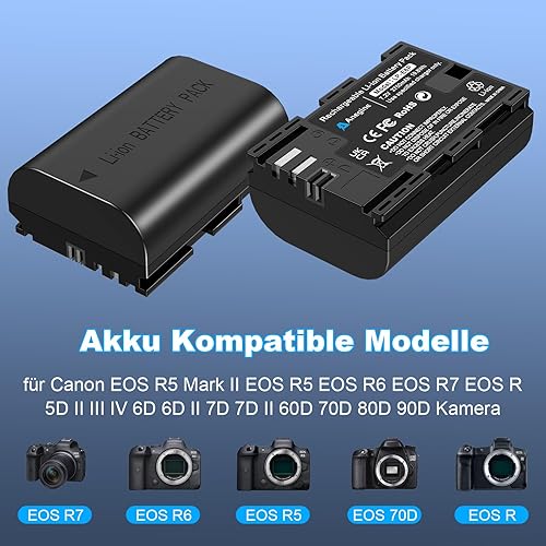 Anegine LP-E6P - Batteria 2750 mAh e caricatore LCD Dual con cordino per fotocamera Canon EOS R5, EOS R5 II, EOS R5 Mark II, EOS R6, EOS R6 II, EOS R7 (confezione da 2) - Fashionser