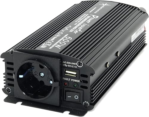 Trasformatore di tensione NM600, 12 V, 600 W, nero, potenza di picco 1200 Watt, inverter da 12 V a 230 V, compatibile con batteria LiFePO4, al litio, al piombo o AGM, con connettore - Fashionser