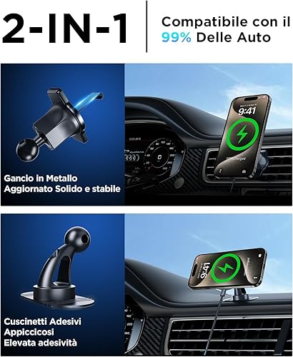 Beeasy 15W Magnetico Caricatore Auto Wireless, 2 In 1 MagSafe Auto Ricarica Wireless, Vent/Cruscotto Porta Cellulare Auto Magnetico per iPhone 16 15 14 13 12 Pro Max Plus Mini - Fashionser