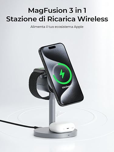AMEGAT Caricatore Wireless Magnetico 3 in 1, 15W Certificato Qi2 Stazione di Ricarica, Caricabatterie Wireless per Telefoni, Orologi, Auricolari (Caricatore USB C 30W Incluso) - Fashionser