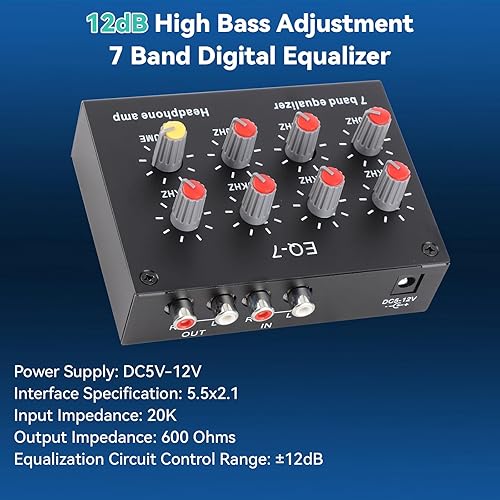 Equalizzatore Digitale a 7 Bande, Regolazione Bassi Alti 12dB, Doppio Canale con Chip Originali TI/ST, Compatibile con Cuffie, Equalizzatore Audio per Auto in Lega di Alluminio - Fashionser
