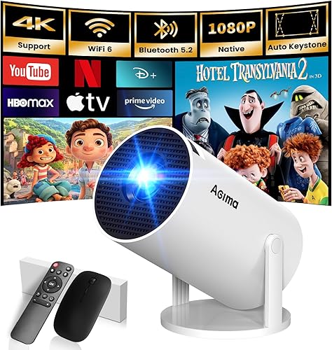 [App integrata] Mini Proiettore 1080P 4K Support Mini Proiettore Portatile, WiFi 6 BT5.2 180° Ruotabile Android TV Compatibile con HDMI/TV Stick/Memory Stick/Laptop, con Cavo HDMI & Mouse, Nero - Fashionser