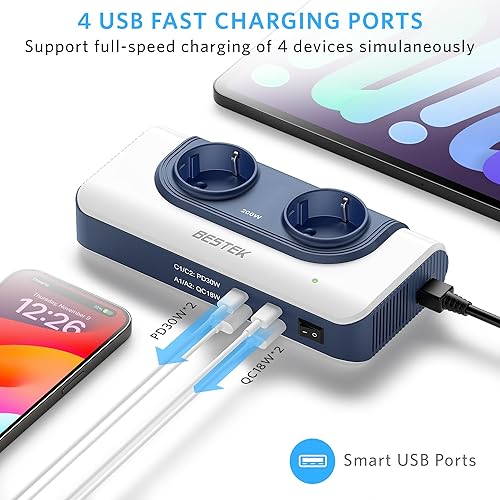 BESTEK 200W Inverter 12v 220v Auto con 2 QC 18W USB-A 2 PD 30W USB-C e 2 Prese AC,Convertitore Potenza per Camper/Auto/Barca a Onda Sinusoidale Modificata - Fashionser