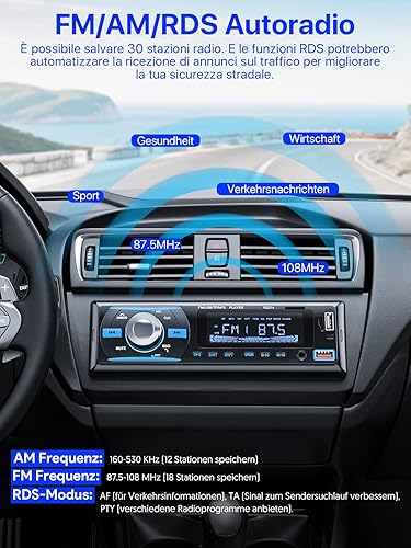RDS Autoradio Bluetooth 5.0 Vivavoce, Chismos FM/AM Bluetooth Autoradio con telecomando, Supporto due USB/AUX in/SD/TF/WMA/WAV/MP3 Player, 1 DIN Stereo Radio 4x65W Supporto iOS Android - Fashionser