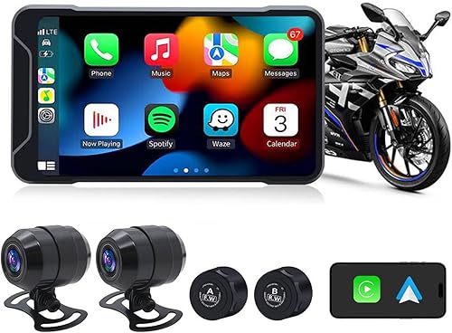 Geloo Wireless Carplay Dash Cam per Moto con 5' LCD Display, GPS Moto Navigatore con Dashcam Fotocamera Impermeabile IP67,2K+1080P Telecamera, Registrazione in loop,WIFI - Fashionser