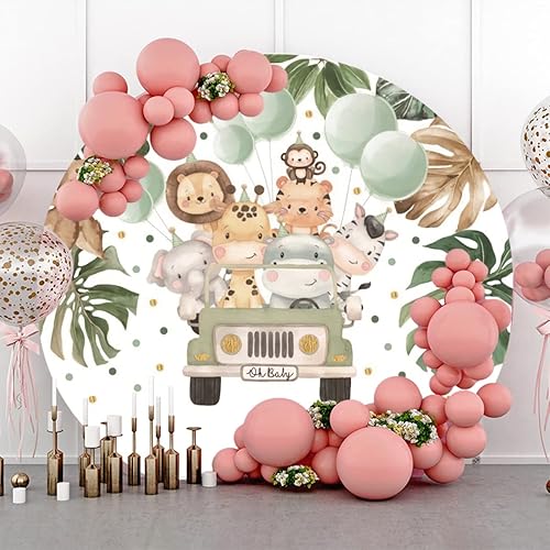 Renaiss 2.2m Jungle Safari Animali Sfondo rotondo Auto verde palloncini foglie Baby Shower sfondo fotografico Decorazione per feste di compleanno per bambini Poliestere foto studio oggetti di scena - Fashionser
