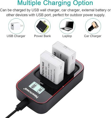 Newmowa LP-E5 Batteria di ricambio (confezione da 2) e display LCD intelligente Caricatore doppio USB per Canon LP-E5 e EOS Rebel XS Rebel T1i Rebel XSi 1000D 500D 450D Kiss X3 Kiss X2 Kiss F - Fashionser