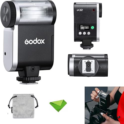Godox iA32 Mini Flash Speedlight per Canon, Fuji, Sony, Nikon, Panasonic Olympus Pentax, GN15, tempo di riciclo 2,5s, circa 490 tempi di flash, mini flash per Sony ZV1, ecc. (senza batteria) - Fashionser