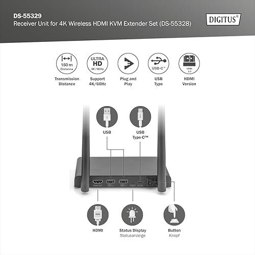 DIGITUS Extender HDMI wireless - portata 50 m - Full-HD 1080p 60 Hz - punto a punto - Plug&Play - nero-argento - Fashionser