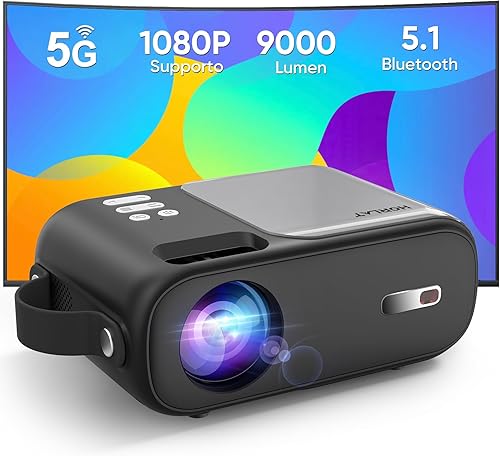Mini Proiettore, Proiettore 5G WiFi Bluetooth 9000 Lumens, Supporto Full HD 1080P, Correzione Trapezoidale ±15°, Videoproiettore Home Cinema, Compatibile con Smartphone/TV Stick - Fashionser
