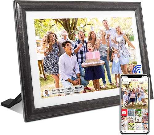 FRAMEO Cornice digitale WiFi da 10.1 pollici, touchscreen HD IPS, cornice in legno naturale, archiviazione da 16 GB, installazione facile, condividi foto o video in remoto - Fashionser
