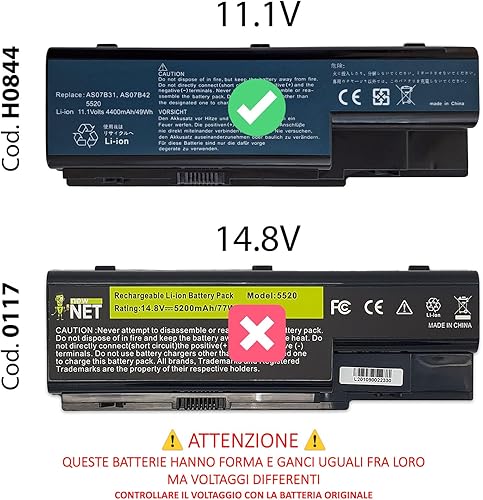 new net - Batteria AS07B31 Compatibile con Acer A5520D, AK.006BT.019, AK.008BT.055, AS07B32, AS07B41, AS07B42, AS07B51, AS07B52, AS07B61, AS07B71 [10.8-11.1V - 49Wh - 4400mAh] - Fashionser