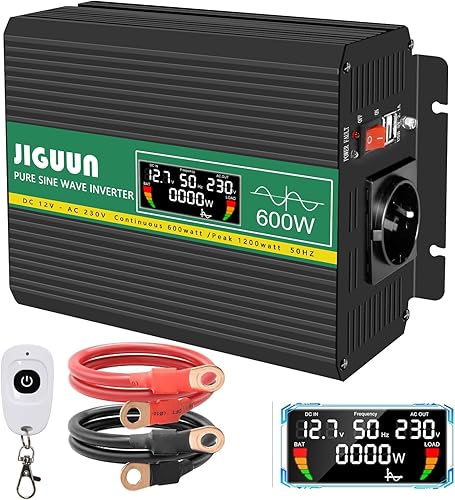 JIGUUN 600W inverter 12v 220v onda pura Convertitore con presa UE e 2 uscite USB 2,1A，telecomando wireless e display LCD Potenza di picco 1200W - Fashionser