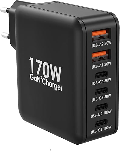 Ubigbuy Caricabatterie USB C da 170 W con 6 porte (4 x USB-C 100 W/30 W + 2 x USB-A 30 W) – Caricatore rapido compatto PD 3.0, PPS, QC3.0 per MacBook Pro, iPad, iPhone 16/15, Galaxy S24/S23 - Fashionser