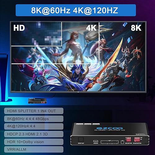 8K@60Hz 4K@120Hz HDMI 2.1 Splitter 1X4 Audio Extractor VRR ALLM HDCP2.3 HDR10 Optical SPDIF5.1 EDID Scaler 4K to 1080P HDCP Bypass Atmos Vision Dual Monitor per PS5 Xbox Soundbar Capture Card - Fashionser