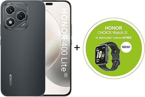 HONOR 400 Lite Smartphone, 8+256GB, 5G, Display 7‘’ FHD, Fotocamera 108MP, AI Camera Button, 5.230 mAh, CHOICE Watch2i, Velluto Nero - Fashionser