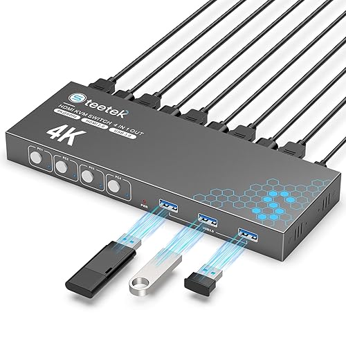 Switch KVM 4 PC 1 Monitor, Switch KVM HDMI 4K@60Hz con 3 porte USB 3.0 per 4 computer che condividono 1 monitor/tastiera/mouse, HDCP 2.2, Plug and Play, con 1 cavo HDMI e 3 cavi USB - Fashionser