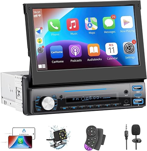 Autoradio 1 Din con Carplay ＆ Android Auto, stereo auto scomparsa con schermo 7 pollici con ricevitori audio per auto Bluetooth, telecamera di backup, Mirror Link, supporto FM/AUX/EQ - Fashionser