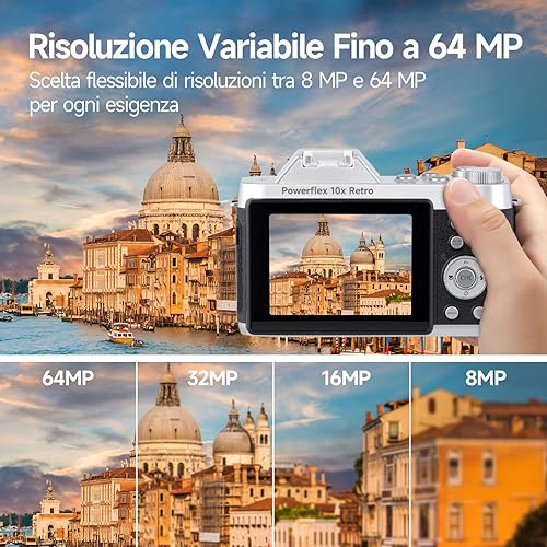Rollei Powerflex 10x Retro Fotocamera Digitale, 64MP 4K Macchina Fotografica Digitale Zoom 10X con 2,88“ LCD e 8 Modalità Ricaricabile Digital Camera Vintage con Batteria per Adolescenti Principianti - Fashionser
