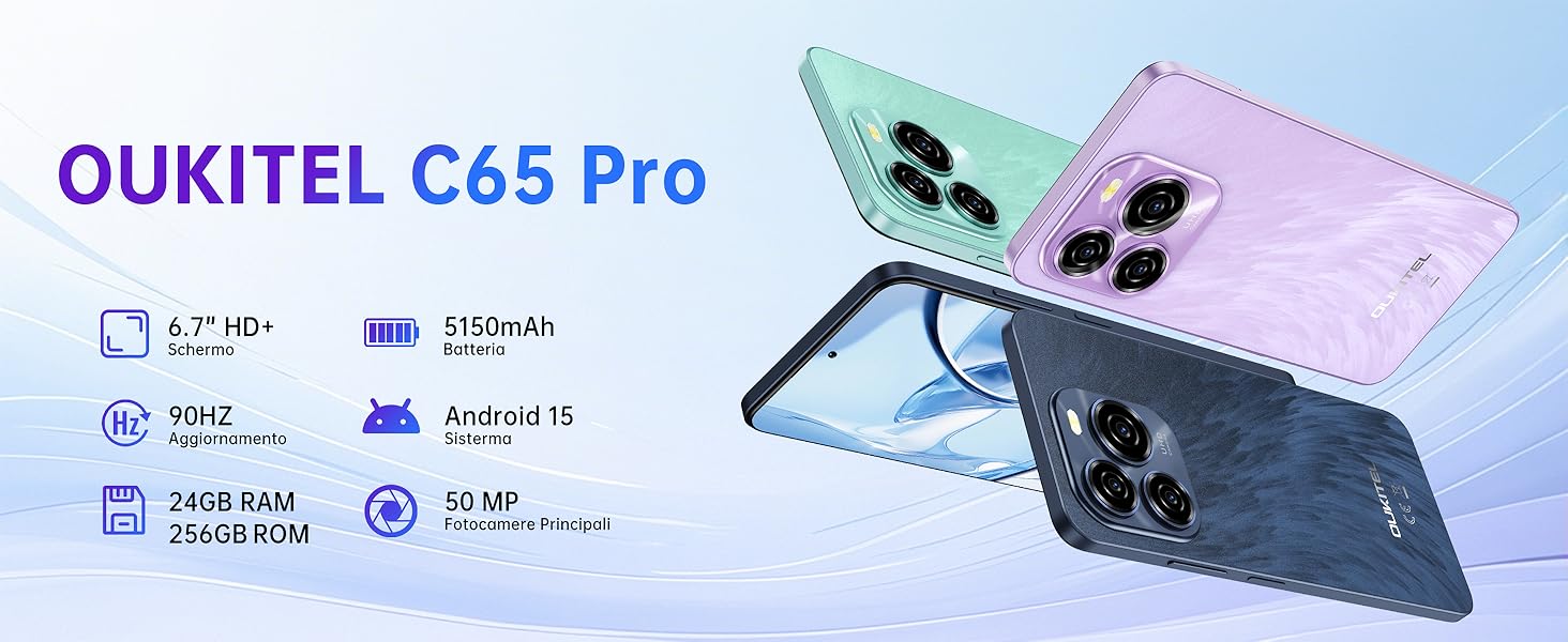 OUKITEL C65 Pro in tre colori: verde menta, lavanda e blu marino. Dispone di display HD+ da 6,7