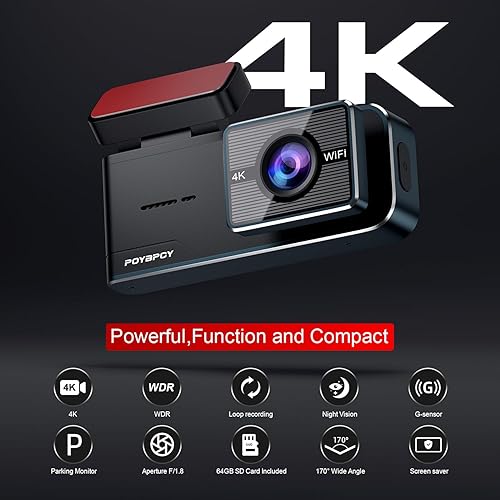 Wifi Dash Cam Auto,4K FHD Telecamera per Auto con Scheda SD 64G,Controllo elle App,Grandangolo di 170° Dashcam,WDR,Visione Notturna,Modalità Parcheggio,Sensore G, Registrazione in Loop - Fashionser