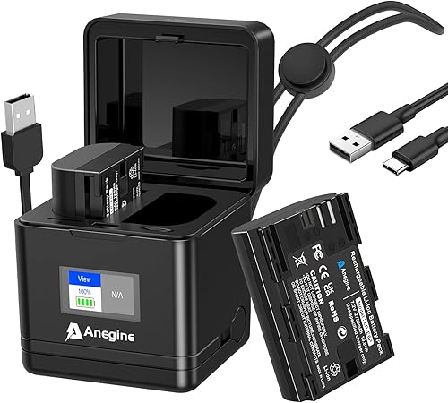Anegine LP-E6P - Batteria 2750 mAh e caricatore LCD Dual con cordino per fotocamera Canon EOS R5, EOS R5 II, EOS R5 Mark II, EOS R6, EOS R6 II, EOS R7 (confezione da 2) - Fashionser