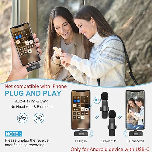 HMKCH Wireless Lavalier Microphone for Phone (USB-C), Dual Video Recording, Live Stream, Vlog, YouTube, TikTok, Facebook, Zoom - Noise Reduction & Plug Play (No Need App/Bluetooth), Nero - Fashionser