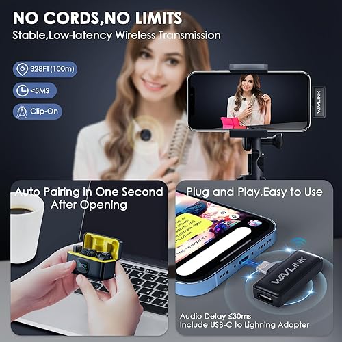 WAVLINK Microfono Lavalier Wireless per Phone Vlog, portata 328ft, Clip su Lapel Sistema a doppio microfono e ingresso Lighning, registrazione video (2*TX+1*RX) - Fashionser
